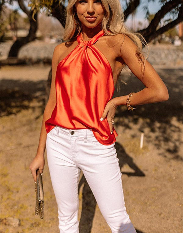 欧美女装t恤跨境亚马逊新款修身夏季v领无袖缎面isn风t桖女上衣