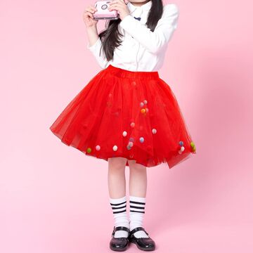 短裙女童半身裙芭蕾舞短裙3 层蓬松薄纱蓬蓬裙,带绒球红色