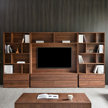 全实木客厅整体电视机柜组合墙柜轻奢背景墙一体影视储物书柜书架