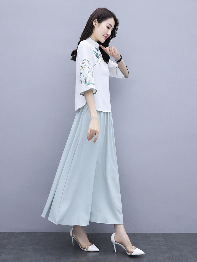 汉服女春夏茶服中国风改良版旗袍古装女装唐装现代上衣套装两件套