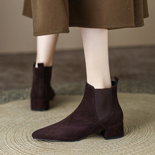 磨砂羊皮粗跟短靴女切尔西靴2022秋冬新款女靴简约尖头中跟皮靴