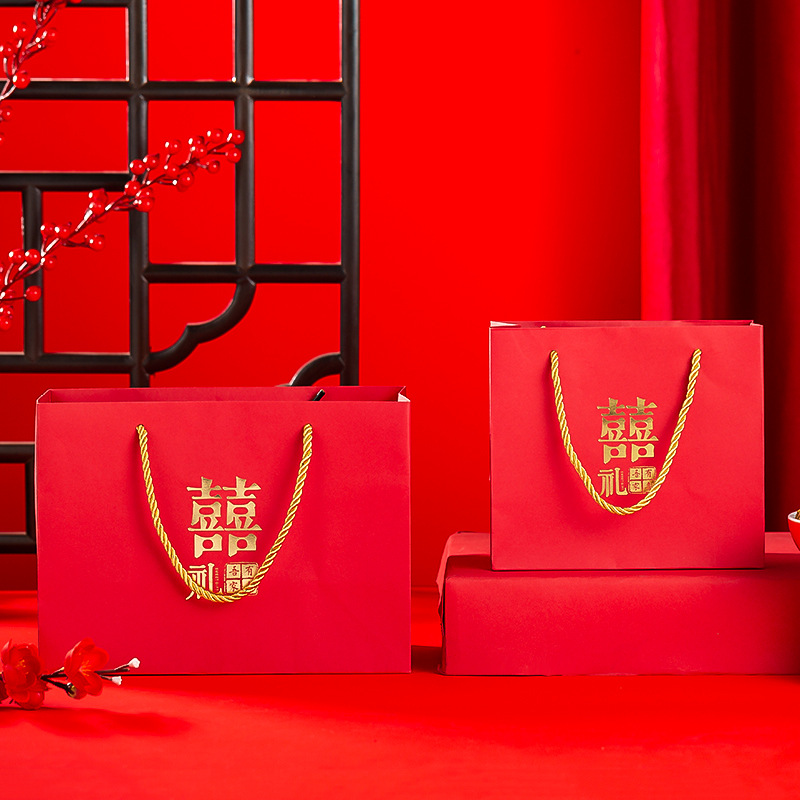 结婚喜糖袋婚庆满月礼品盒回礼伴手礼手提袋创意红色大中小号纸袋