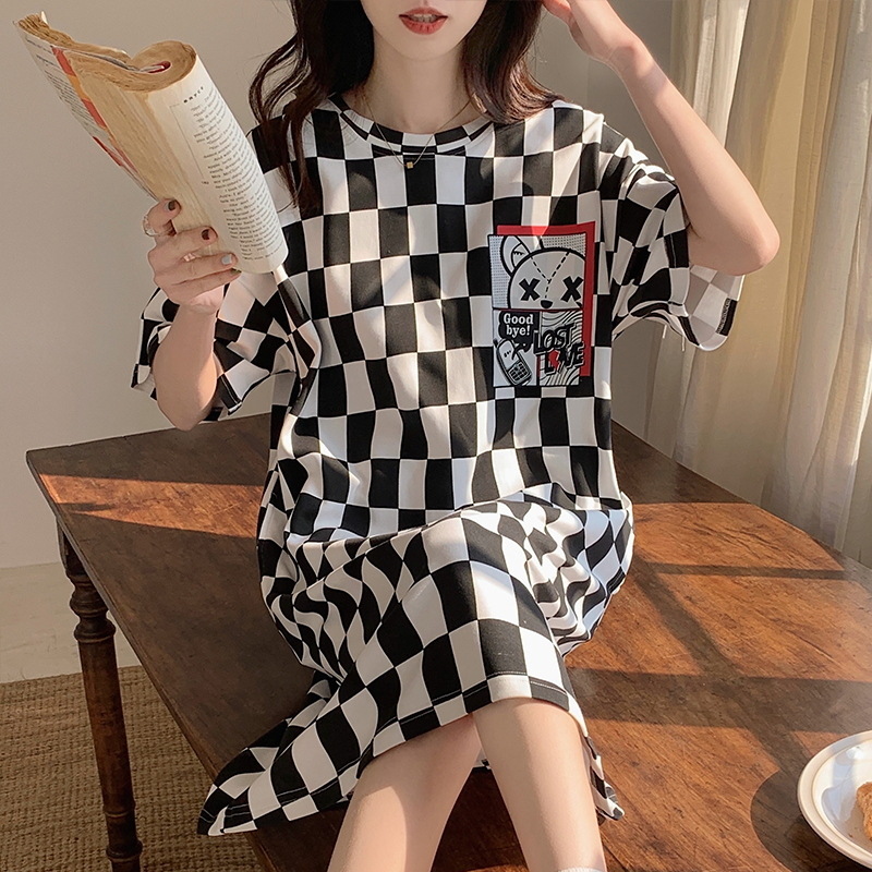 Pajamas Women's Summer Milk Silk Short Sleeve Cute Cartoon Teenage Girl Long Dress Dress Loose Large Size Can Be Worn outside