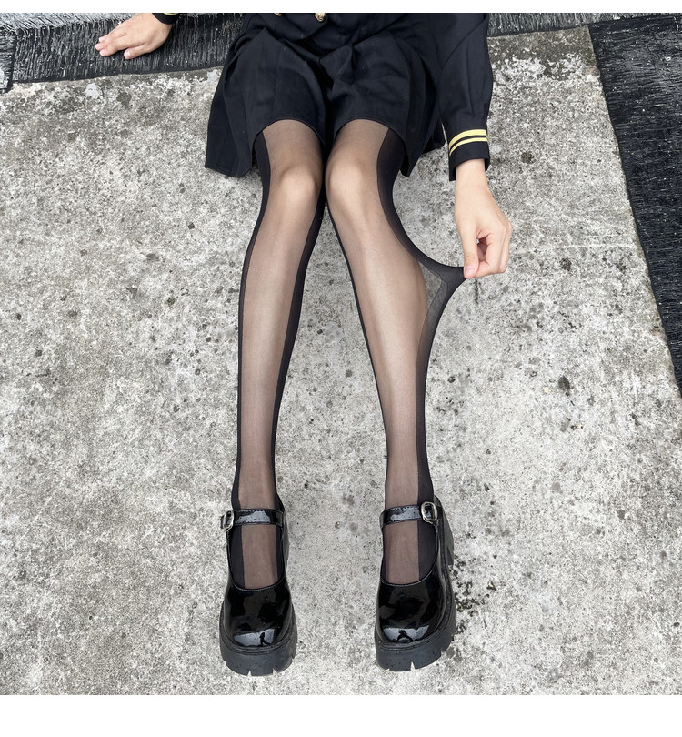 学院风穿搭洛丽塔侧边竖条纹拼接连裤黑色丝袜女春季秋冬款lolita