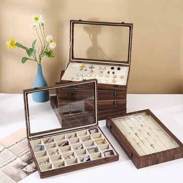 黑胡桃木内米色珍珠吊坠耳环专用首饰盒手链戒指耳钉饰品珠宝展示