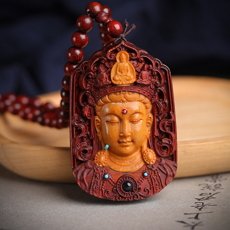 印度小叶紫檀木观音吊坠男女士项链木雕佛像红木挂件木质菩萨牌