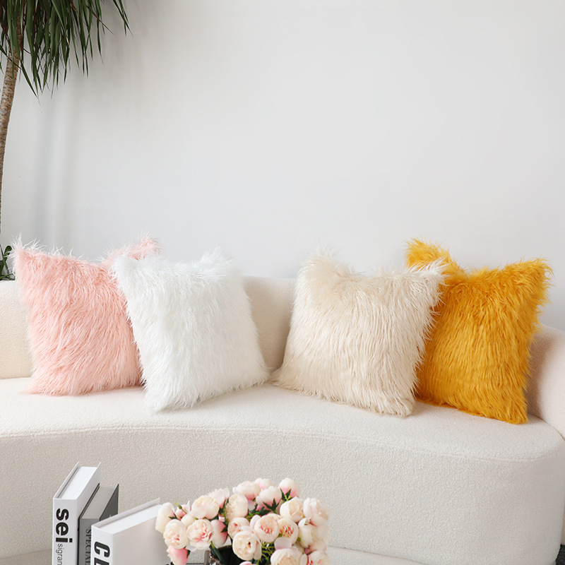 INS Plush Pillow Cover Simple Wool Sofa Cushion Cover Cute Waist Pad Internet Celebrity Solid Color Throw Pillowcase Wholesale