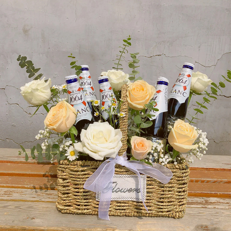 情人节鲜花盒手提花篮啤酒花束diy材料包全套玫瑰花束送男女朋友