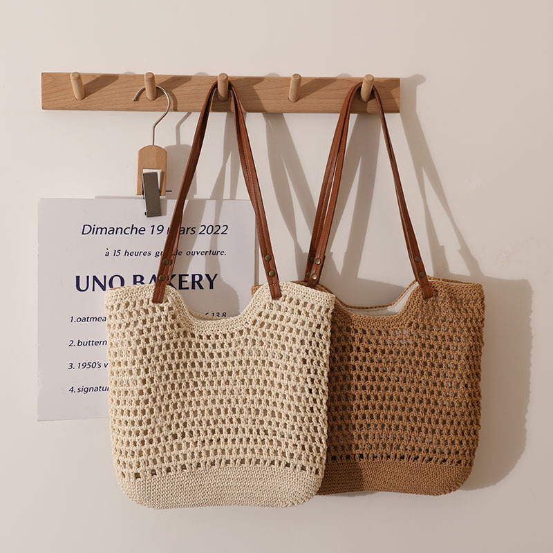 Casual Hollow Shoulder Cotton Thread Woven Bag Small Size Idle Style Portable Straw-Weaved Bag Seaside Vacation Beach Bag Women's Bag