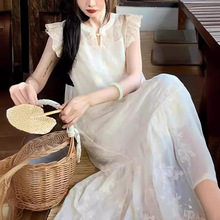 新中式小众设计感飞飞袖刺绣连衣裙女夏季法式气质桔梗茶歇长裙子