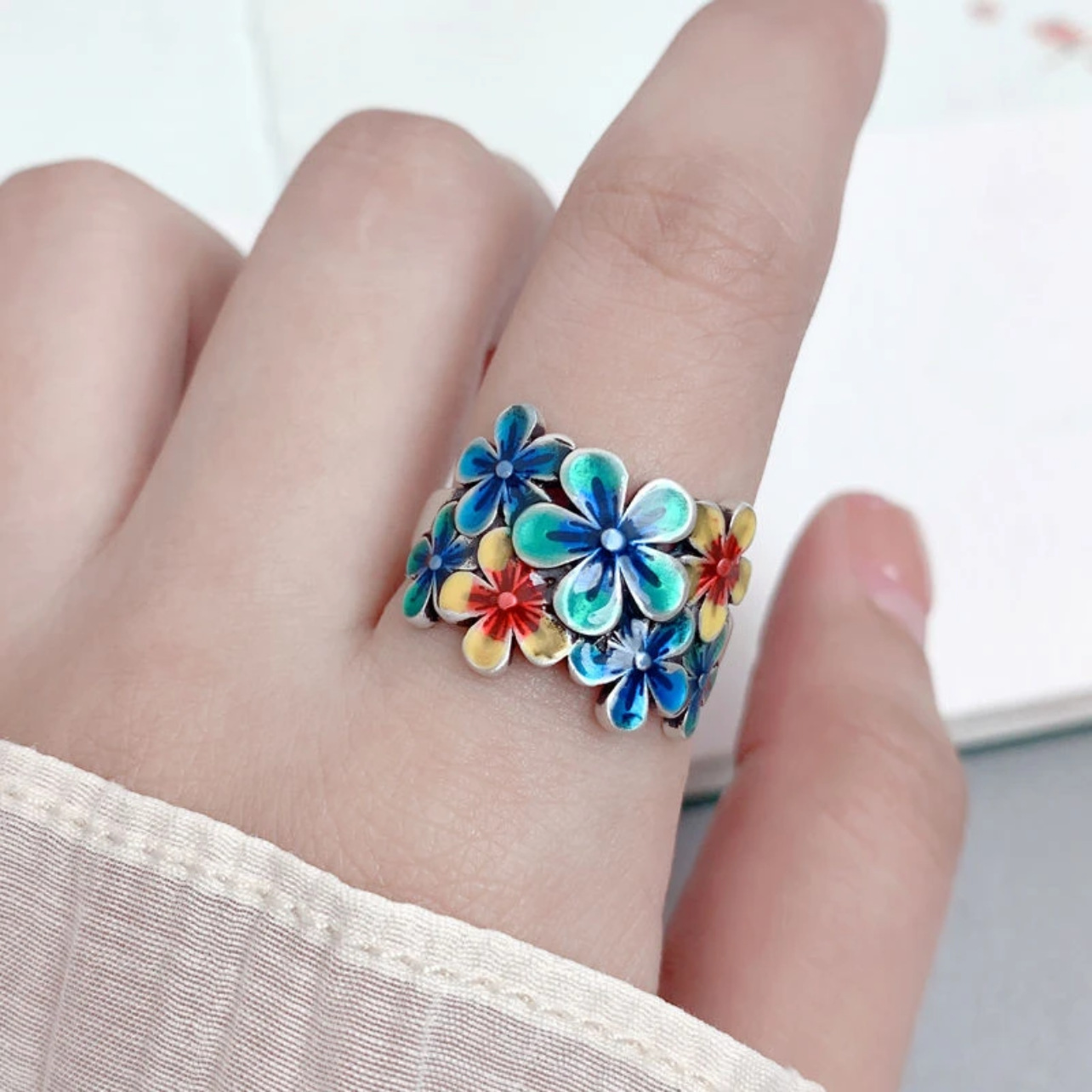 景泰蓝珐琅繁花似锦戒指女花朵滴胶工艺复古民族风高级感开口指环