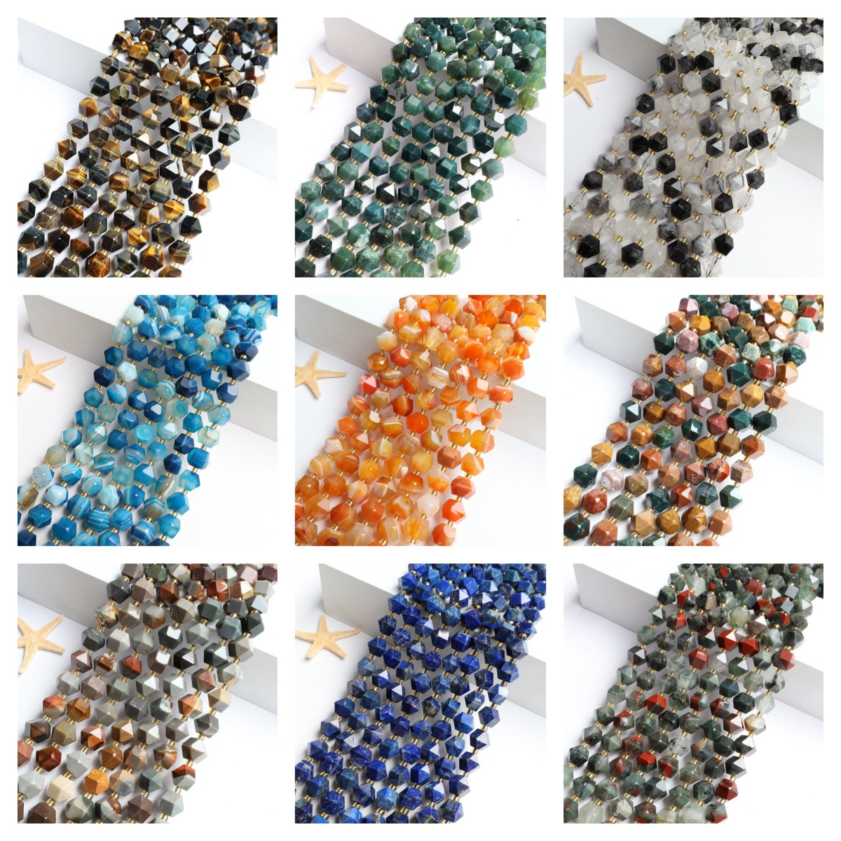 10mm天然石八角珠菱形珠散珠 挂件吊坠半成品diy饰品配件厂家直销