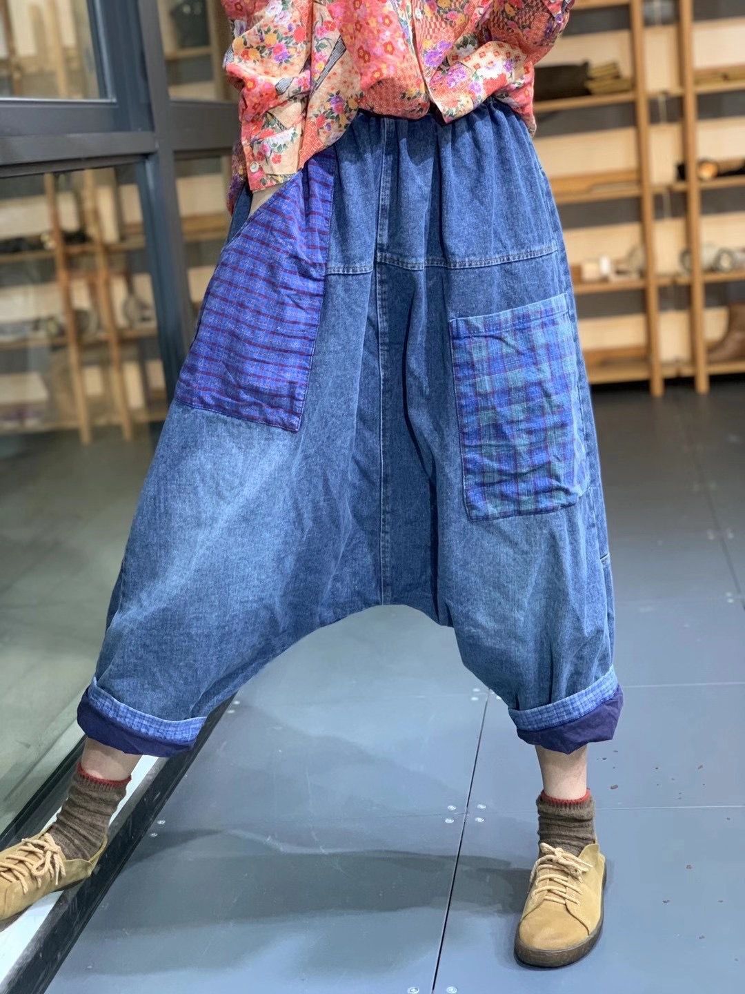 文艺撞色贴布拼接九分牛仔裤女士2021早秋新款休闲宽松低档垮裤潮