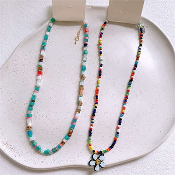 白鹿同款彩色串珠花朵项链夏日少女感小众泫雅风混色锁骨链子配饰