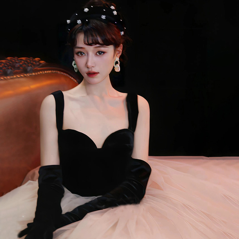 黑天鹅款敬酒服新娘吊带黑色订婚连衣裙气质宴会礼服裙高级感小众