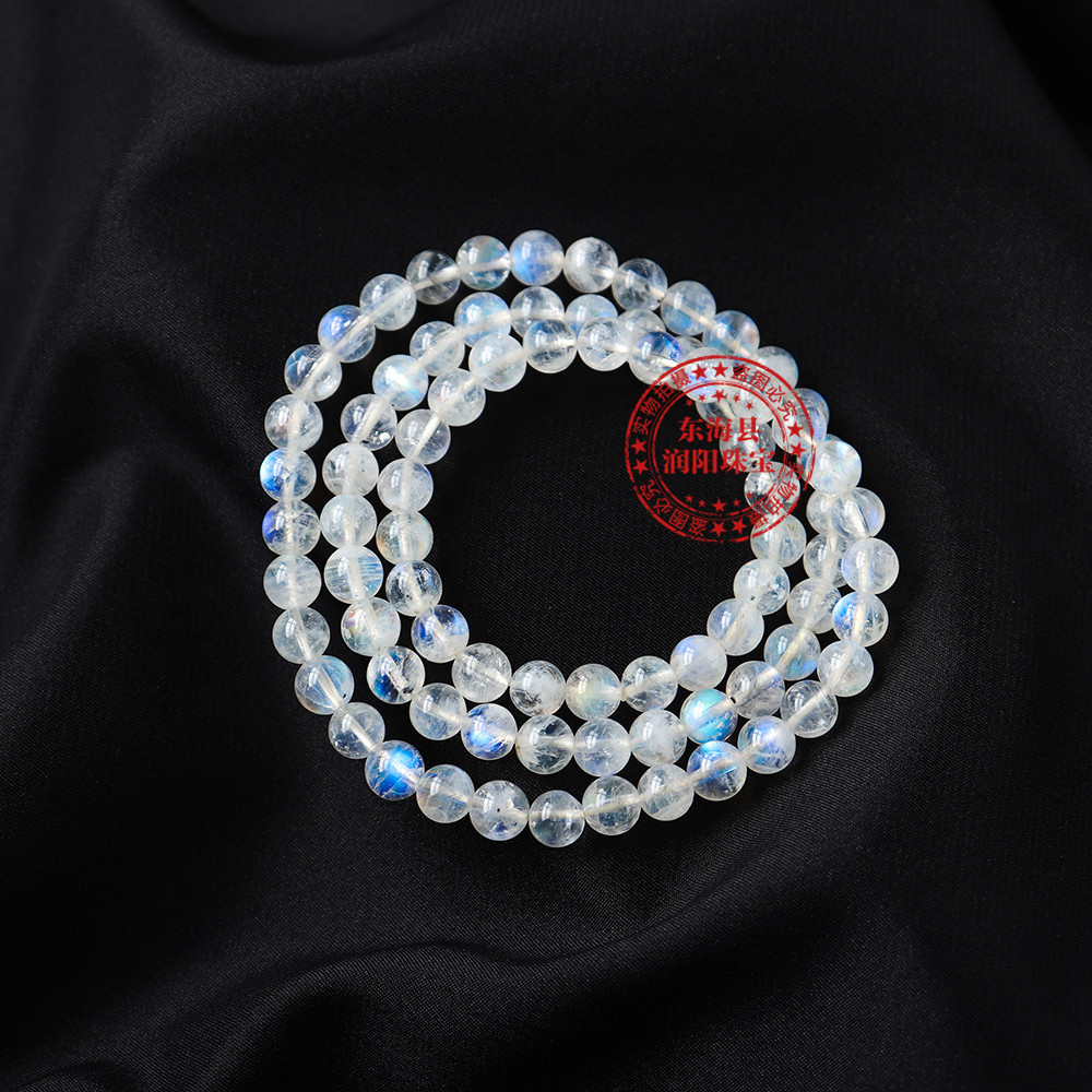批发3a级月光石手串 6mm串珠三圈手链两戴款天然蓝色月光水晶手链