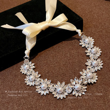 镶钻花朵珍珠丝带项链欧美夸张设计感锁骨链复古小众气质饰品批发