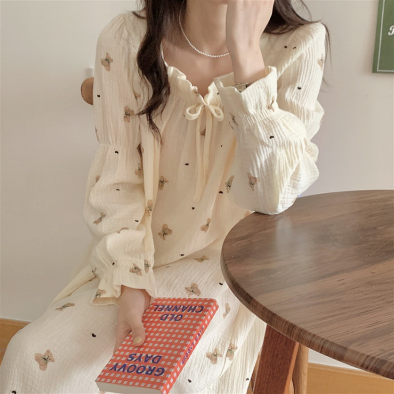 Autumn Korean Dongdaemun New Nightdress Home Wear Cartoon Printed Long-Sleeved Dress for Women