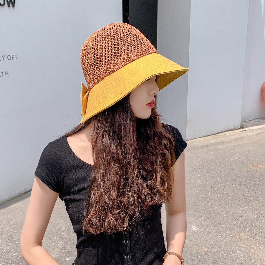 现货网红针织顶拼接渔夫帽子女拼色蝴蝶结遮阳帽韩版百搭盆帽批发