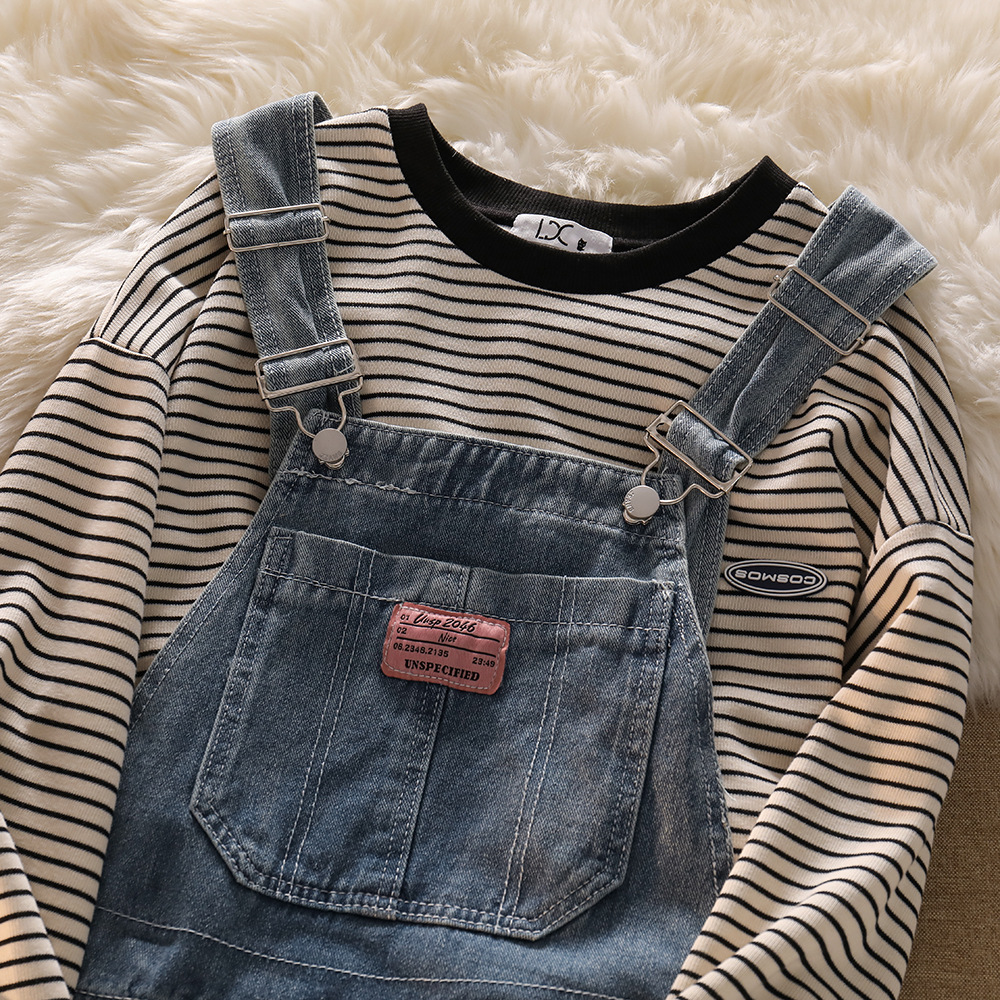 慵懒风宽松撞色条纹上衣日系学院风牛仔背带裤可盐可甜两件套装秋