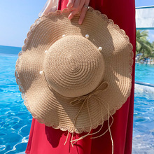 帽子女夏季网红珍珠草编草帽海边沙滩帽时尚百搭遮阳防晒太阳帽潮