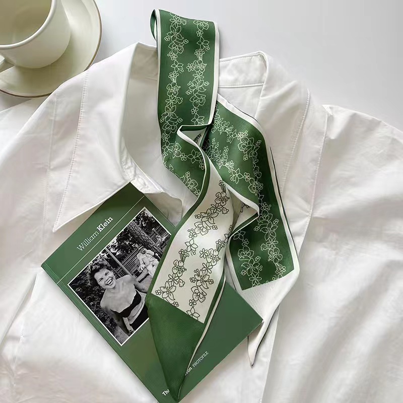 White and Tender Green Small Silk Scarf Women's Spring and Summer Thin Narrow Ribbon Hair Band Tied-up Hair Tied Bag Decorative Long Scarf