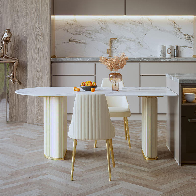 现代轻奢风餐厅岛台餐桌一体设计师大小户型家用靠墙岩板吃饭桌子