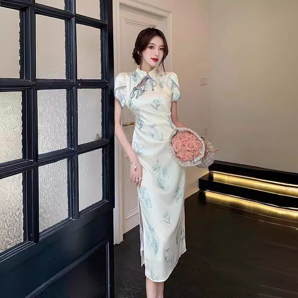 法式复古新中式改良旗袍连衣裙温柔风气质名媛褶皱显瘦花色连衣裙气质