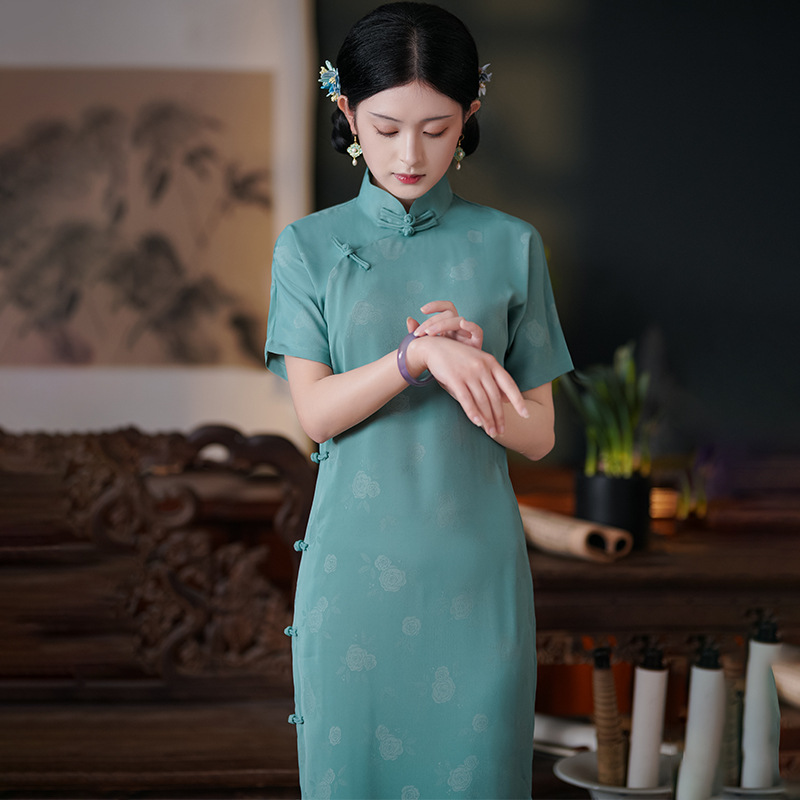 蓝色旗袍一片式无省民国风年轻款少女全开襟曳地古法传统日常可穿