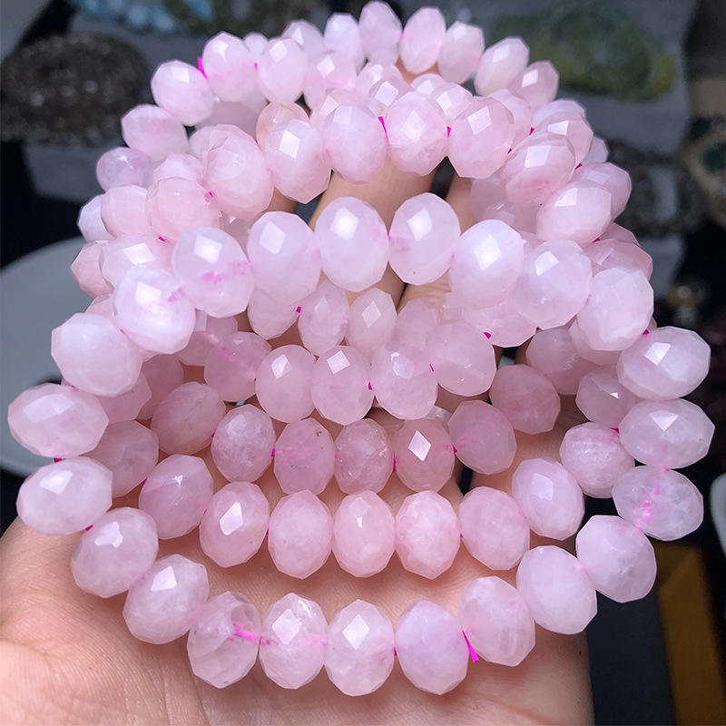 天然粉水晶算盘珠切面手链马达加斯加粉晶芙蓉石粉色手串单圈手链