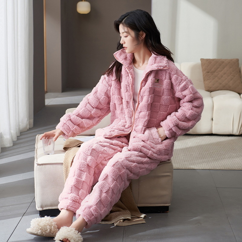 睡衣女款珊瑚绒秋冬季加厚冬天少女学生运动可外法兰绒家居服套装
