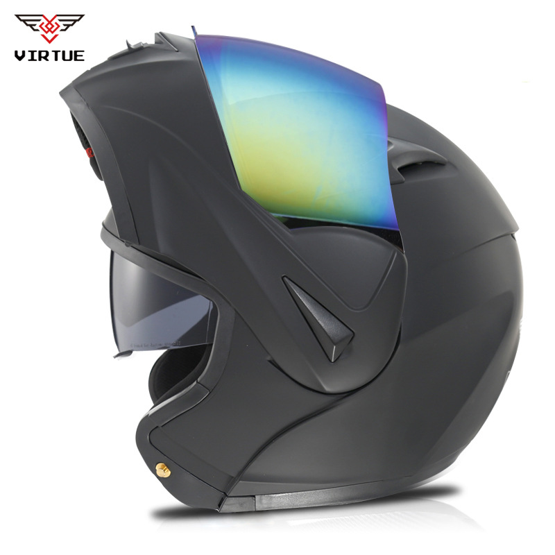 virtue电动电瓶车头盔仿碳纤贴花越野盔双镜片潮酷机车揭面盔跑盔