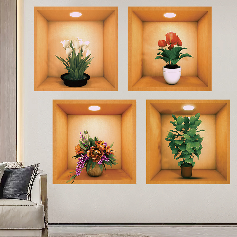 Simulation Green Plant 4-Piece Set Flower Pot 4PCs Photo Frame Self-Adhesive Stickers Wall Sticker Living Room Decorative Painting Suit