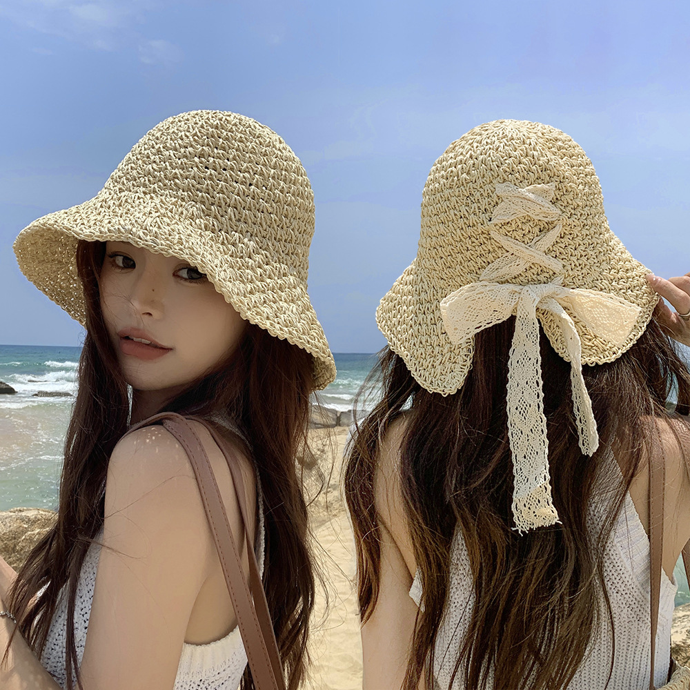 防晒遮阳帽夏季度假海边草帽透气草编渔夫帽子女款2024新款太阳帽