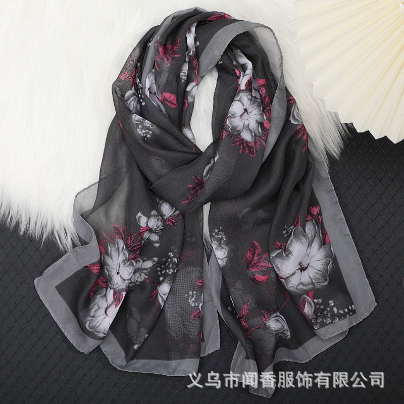 New Printed Chiffon Scarf Middle-Aged Mom Silk Scarf Fashion All-Match Lightweight Gauze Kerchief Women's Day Mother's Day Gift