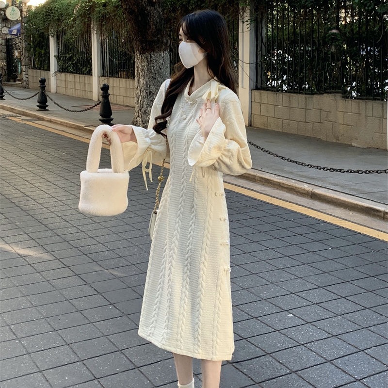 复古盘扣改良版旗袍针织连衣裙女秋冬收腰修身内搭打底中长款裙子