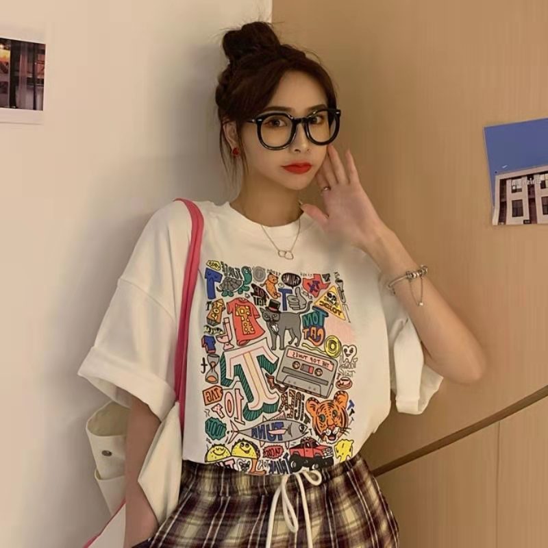 Cartoon Men's round Neck Short Sleeve Women's T-shirt Summer Solid Color Loose-Fitting Large Size Cotton T-shirt Black and White Sweat-Absorbent Breathable Wholesale Fashion