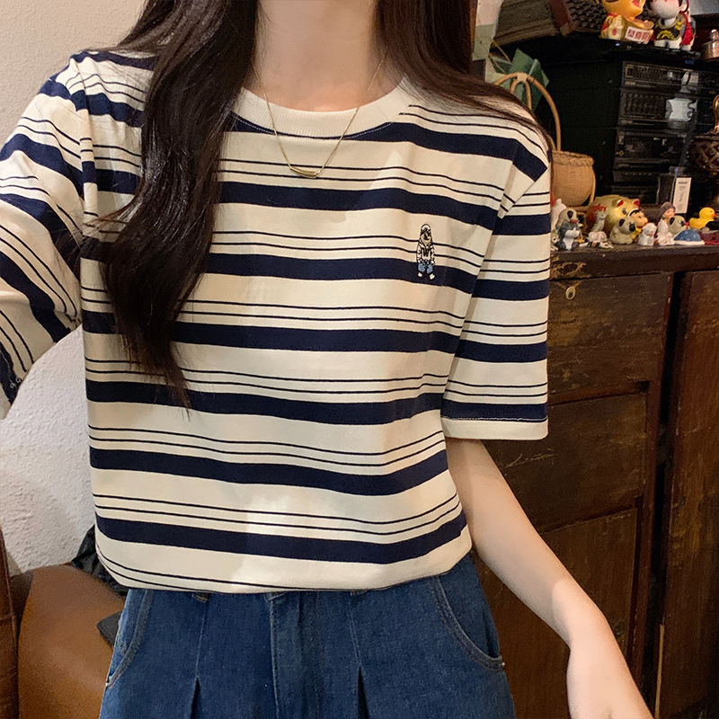 实拍实价复古条纹短袖t恤女装夏季韩版宽松显瘦半袖刺绣上衣-阿里巴巴