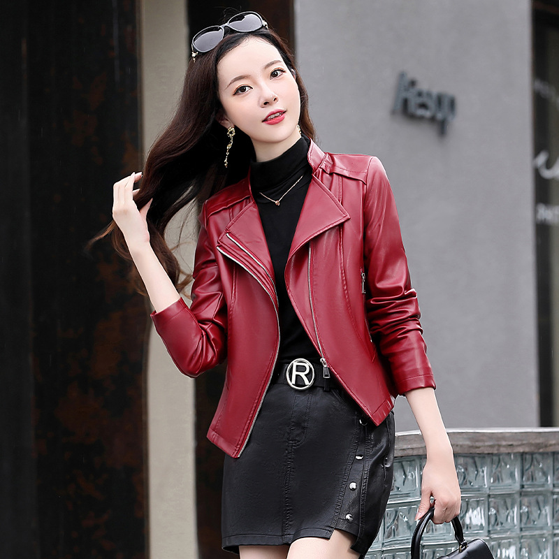 华哥弟情春秋正品短款皮夹克立领绵羊皮皮衣女装显瘦真皮休闲外套