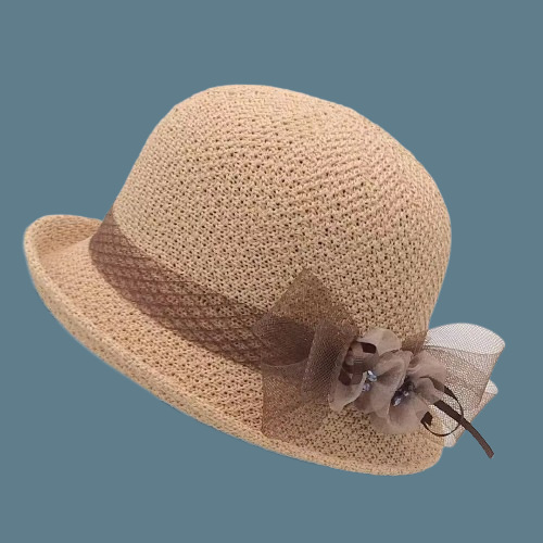 Summer New Knitted Breathable Basin Hat Women's Elegant Small Curling Fisherman Hat Middle-Aged and Elderly Fashionable Sun Protection Hat