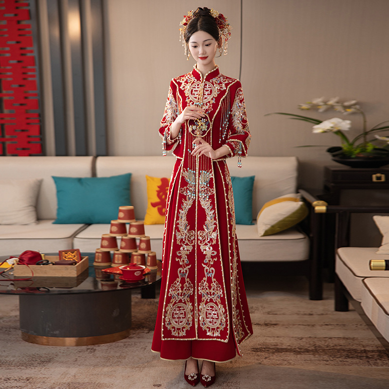 丝绒秀禾服新娘2024新款春季中式结婚敬酒服龙凤褂重工秀禾服