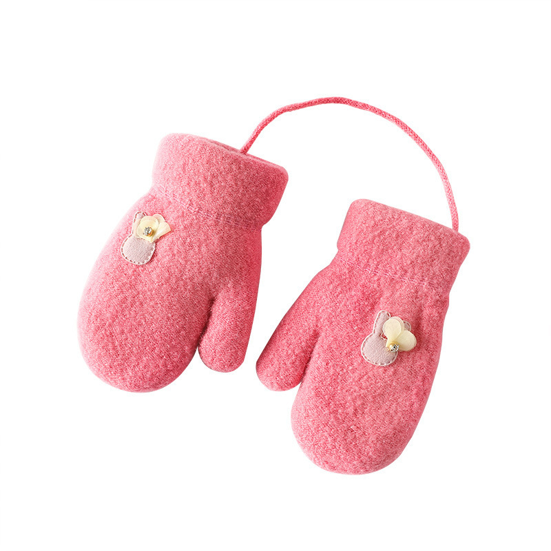 Baby Cartoon Bear Warm Gloves Little Girl Children Autumn and Winter Cute Fleece-Lined Thickened Gloves Finger Gloves