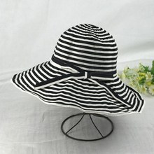 黑白条纹蝴蝶结布帽女夏天出游度假遮阳帽大檐可折叠太阳帽子