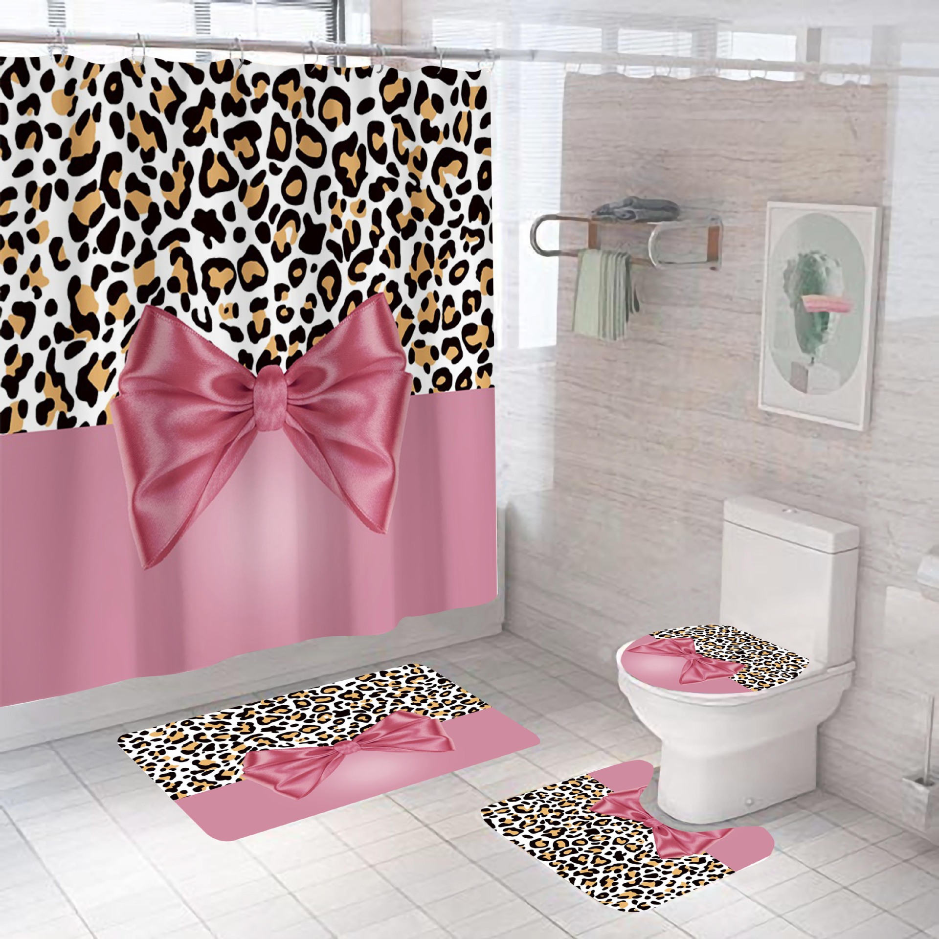 Amazon New Leopard Stripe Series Waterproof Polyester Shower Curtain Four-Piece Set Shower Curtain Sets