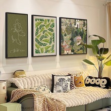 复古绿植客厅装饰画现代小众艺术风景画三联客厅装饰画