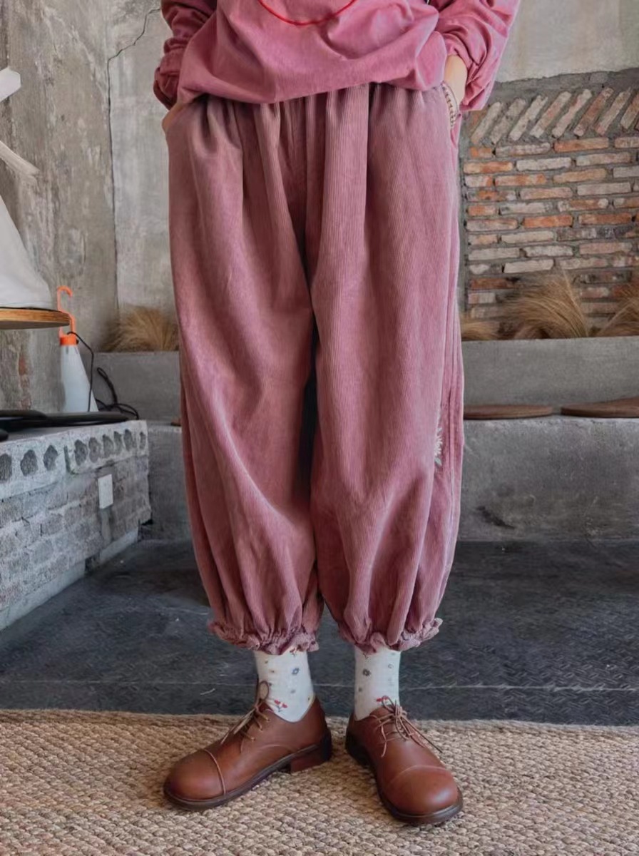 甜美森系少女可爱刺绣灯芯绒休闲花苞裤宽松百搭蕾丝花边哈伦裤春