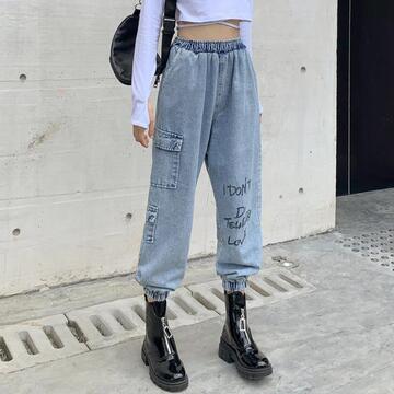 炸街嘻哈风高腰显瘦阔腿老爹束脚牛仔裤女学生宽松大码工装哈伦裤