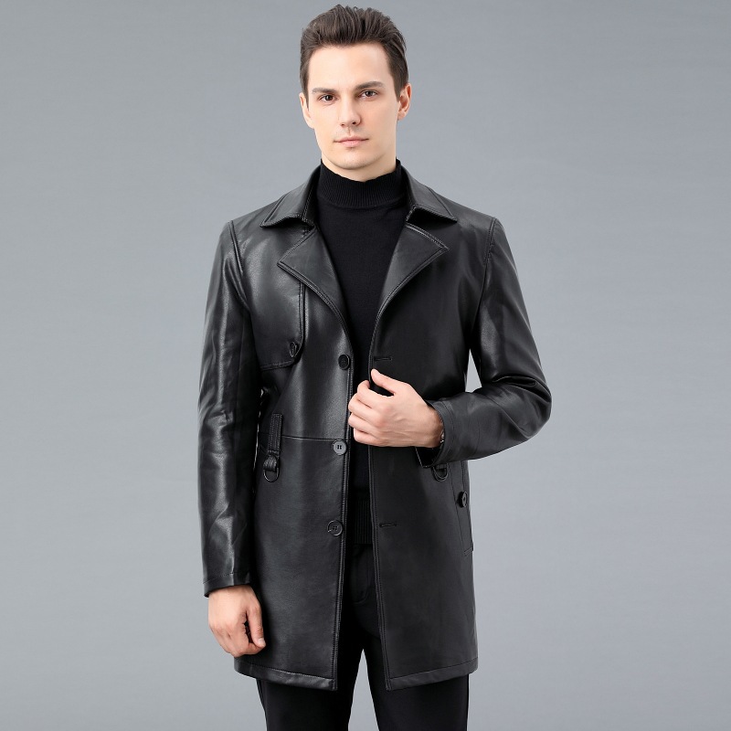 专柜正品真皮皮衣男2023秋冬新款加绒英伦西装领中青年绵羊皮风衣