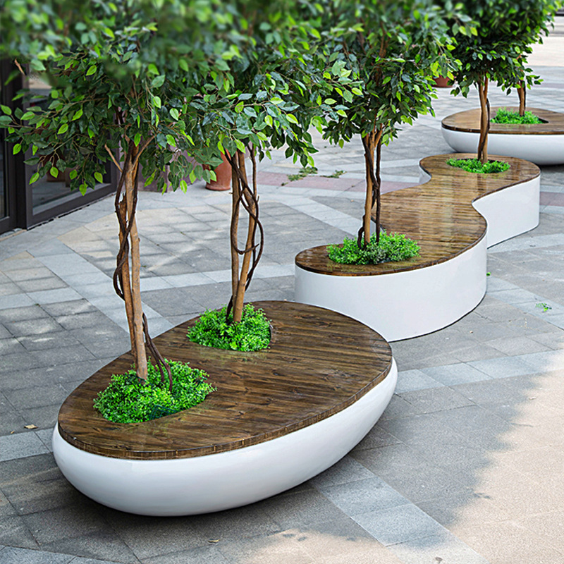 玻璃钢休闲椅彩绘坐凳机场休息等候椅户外防腐木树池商场花盆座椅