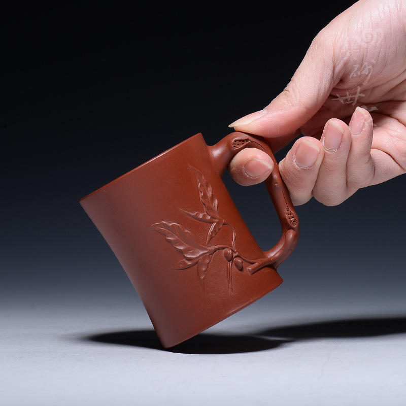 紫砂杯主人杯水杯纯手工品茗杯朱泥刻花小杯子功夫茶具提把杯茶杯